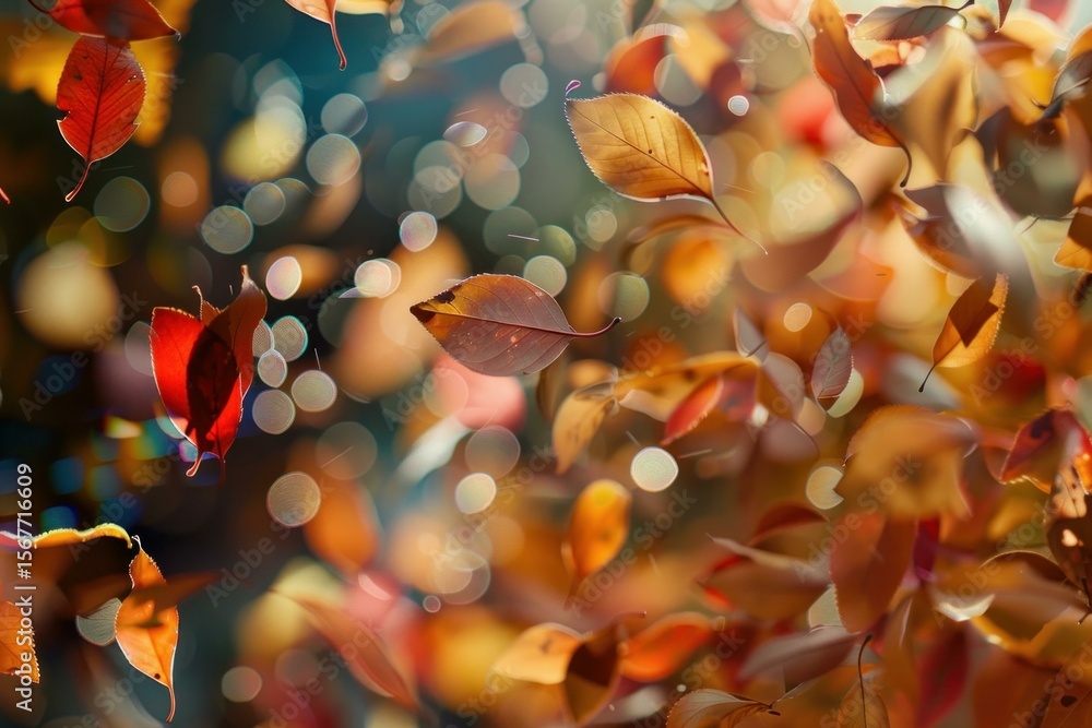Poster autumn leaves falling from a tree creating a magical bokeh effect with warm sunlight