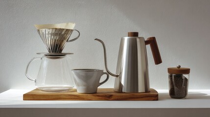 Simple coffee brewing set on a white table, highlighting the process of hand drip coffee