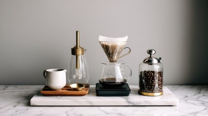 Simple coffee brewing set on a white table, highlighting the process of hand drip coffee