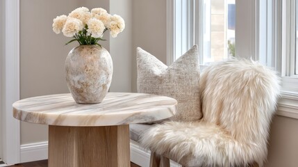 Simple table next to a cozy reading nook, decorated with light-colored carnations in a vintage vase