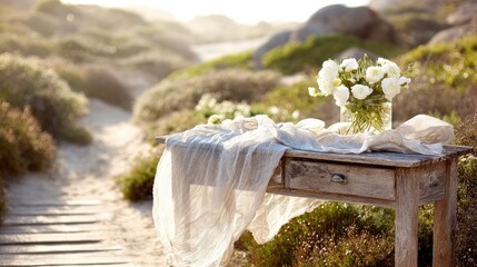 Small outdoor table with a light cloth runner and a fresh white rose arrangement under morning sun