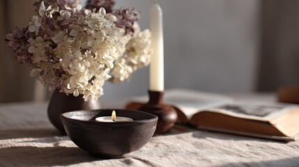 Soft earthy tablecloth on a minimalist table, highlighted by a scented candle and hydrangea bouquet