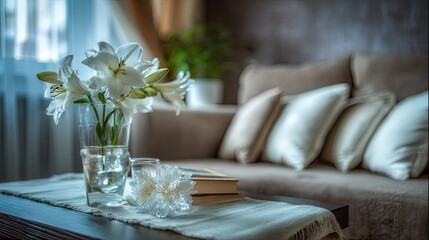 Soft shaded living room table decorated with a pale cloth runner and fresh white lilies in a clear vase