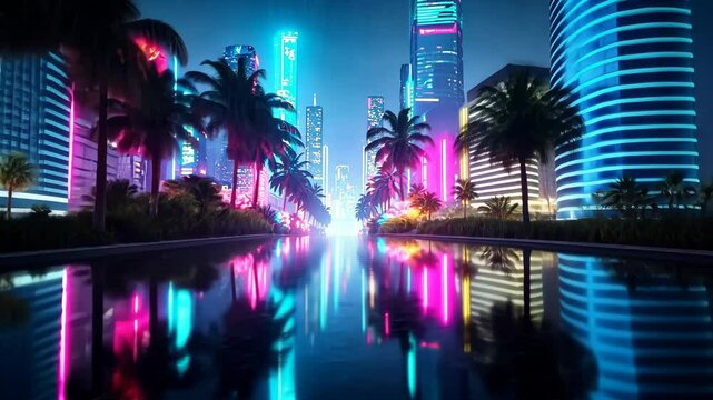 Vibrant neon signs illuminate a futuristic cityscape with palm trees lining a wet asphalt street.