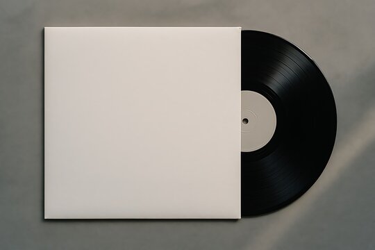 Close up of a vinyl record partly in a blank white album cover on a grey background. - Powered by Adobe