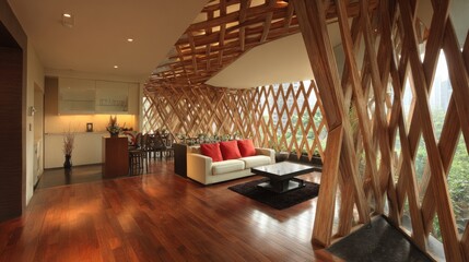 Warm bamboo-inspired wooden folding partition adding a natural feel to a modern living area