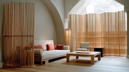 Warm bamboo-inspired wooden folding partition adding a natural feel to a modern living area