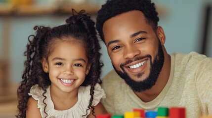 Father and daughter share joyful moments playing with colorful toys in the living room