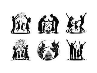 Silhouettes of a happy family celebrating with cake and fireworks showing togetherness and joy during a party or festival