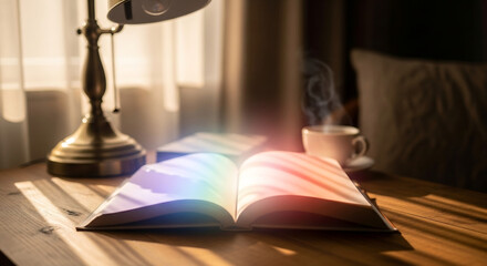 Open book with soft sunlight on wooden desk in cozy reading nook
