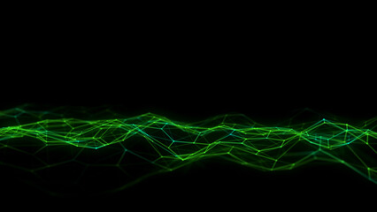 Abstract futuristic hexagon wave with moving dots. Flow of particles. Technology illustration. 3d rendering