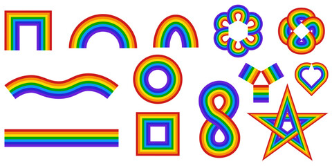Rainbow shapes. Set vector Rainbow object isolated transparent background. Rainbow flower heart geometric shapes collection perfect pride month poster banner card cover template design. EPS 10