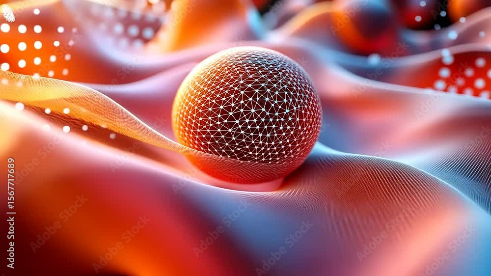 Poster abstract composition featuring a glowing sphere on colorful, flowing fabric-like waves with light pa