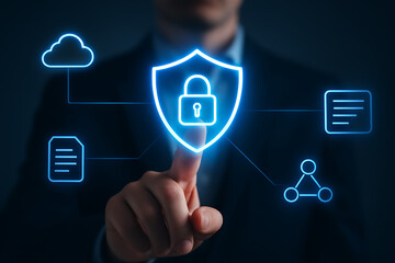 Hand touches vibrant cybersecurity shield, representing secure digital environments and protected online information