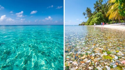 Split-view "Before and After" image showing a clean, pristine sea on the left and a polluted plastic-filled shoreline on the right, visual contrast highlighting environmental damage