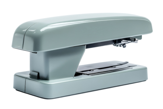 Light Grey Stapler Office Supply Close up on Black Vintage Metal Desktop Stapler Document on transparent background