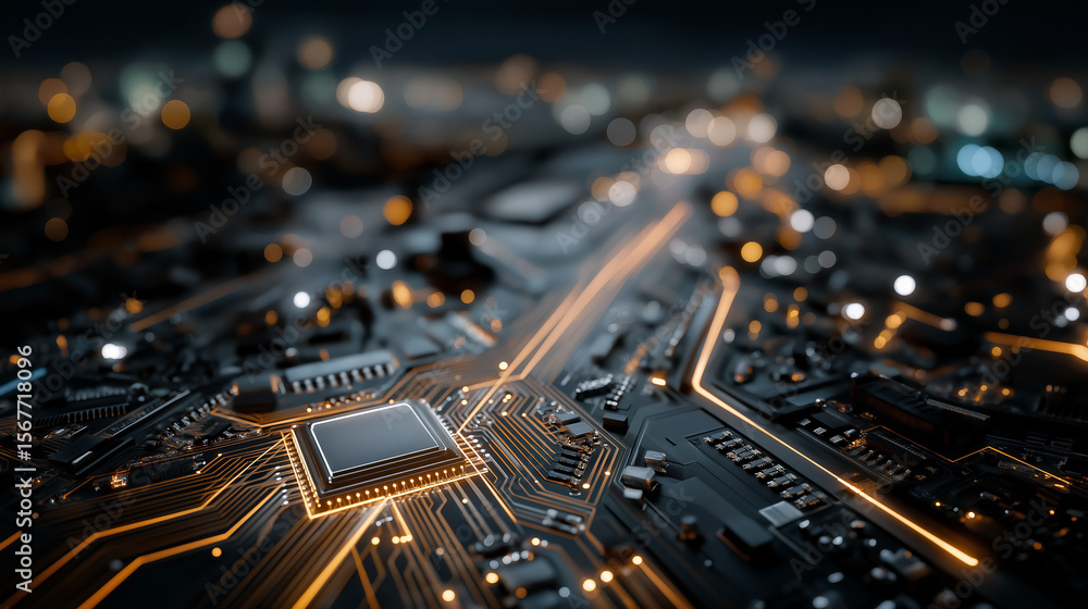 Poster electronic circuit board with glowing pathways: a highly detailed macro shot of an electronic circui