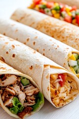 Colorful gourmet wraps filled with fresh vegetables and protein, arranged diagonally on textured surface with summer picnic vibe