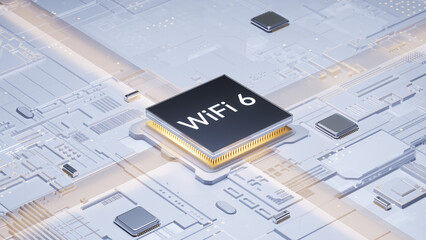3D rendering of WiFi 6 chip integrated on printed circuit board for next - generation wireless technology concepts