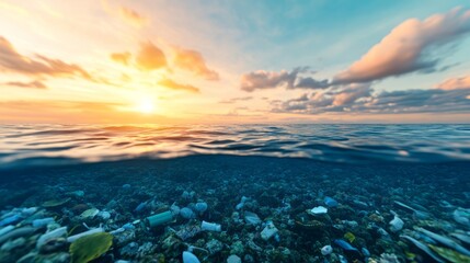 Cross-sectional ocean view showing polluted surface and clean depths, marine life navigating through floating waste and oil