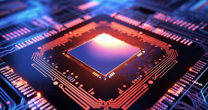 High-Tech Microprocessor on Circuit Board with Glowing Lights