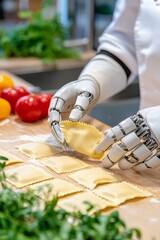 Vertical close-up of humanoid robot gently crafting handmade ravioli in a cozy rustic kitchen, natural light falling on hands and dough, blend of warmth and artificial precision