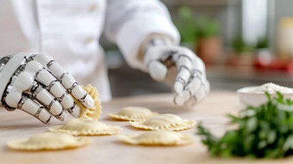 Close-up of robotic hands folding ravioli dough on a floured countertop in a futuristic kitchen, combining traditional cuisine with cutting-edge technology, soft overhead light, culinary innovation 