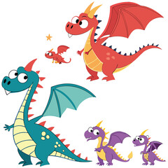 Fototapeta premium cartoon dragons ,tattoo dragons ,sticker dragons, A collection of various colorful cartoon dragons.