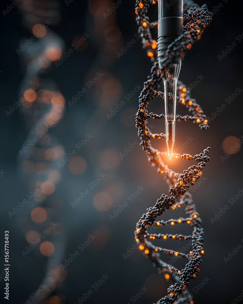 Poster a close-up of a dna double helix being precisely edited or manipulated by a high-tech needle emittin
