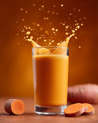 Sweet potato juice splash in glass with sweet potato slices, healthy drink concept