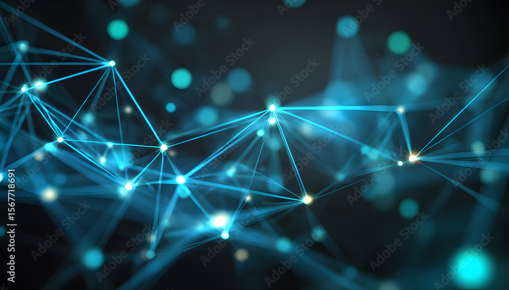 Poster abstract representation of interconnected blue and teal nodes and lines resembling a digital network