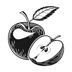 whole apple illustration and a cut slice with leaf isolated on white background	