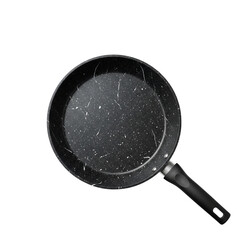Black non-stick frying pan with marble coating, top view isolated on white background Generative Ai.