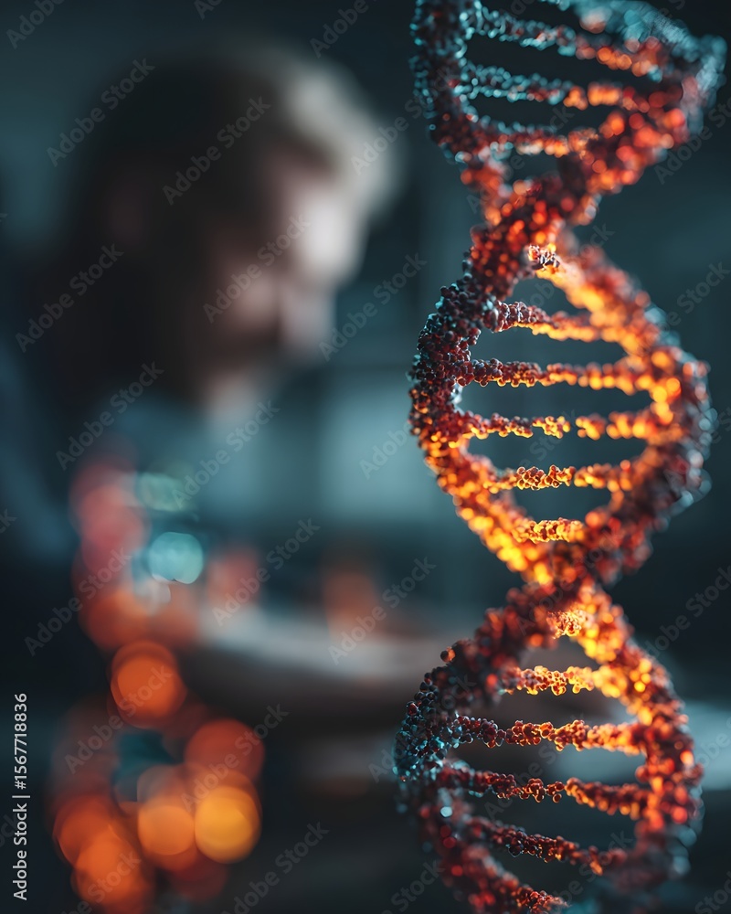 Poster a glowing dna double helix model is prominently displayed, with a blurred scientist working in the b