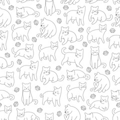 Cute Hand Drawn Cat Doodle Seamless Pattern with Minimalist Style