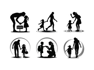 Vector icons of a parent taking their child to school for the first day representing parental love and support