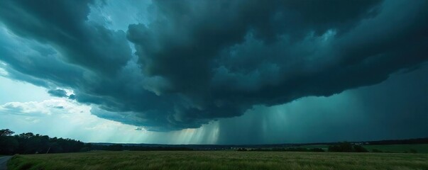 Ominous Storm Clouds Gather Over Dramatic Landscape, Heavy with the Potential for Torrential Rain and Fierce Winds. Perfect for Weather, Nature, and Atmospheric Imagery.