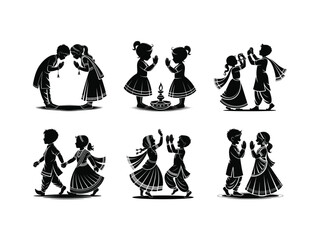Vector icons of Indian children in traditional dress dancing and greeting which celebrates cultural festivals with happiness