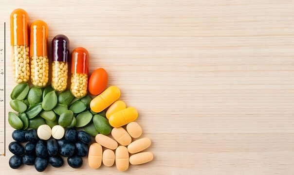Colorful assortment of vitamins and supplements on wooden background