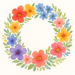 Fototapeta premium Colorful floral wreath with watercolor effect featuring red, blue, orange, and purple flowers