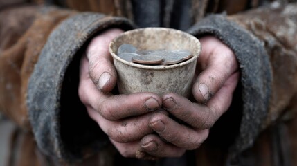 Close-up of rough hands holding a cup for coins, illustrating economic hardship pushing people to the streets