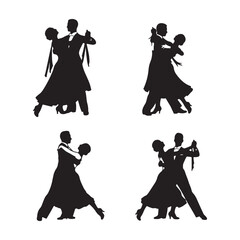Four Black Silhouettes Ballroom Dance Couples Formal Wear Graceful Poses White Background Elegant Couples Dancing