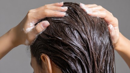 Naklejka premium Woman applying moisturizing scalp treatment to relieve dryness and prevent flaky scalp symptoms