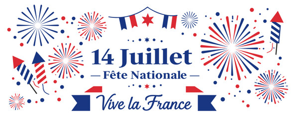Celebrate Bastille Day with vibrant fireworks and French flags, a festive illustration for France's national holiday.