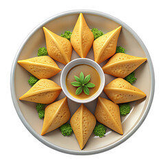 3D Plate of Samosas with Sauce - Delicious Snack Concept on Transparent Background