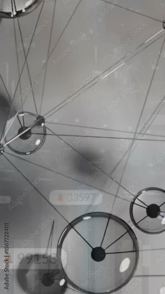 Poster animation of network of connections and data processing over grey background