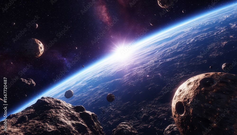 Poster this stunning 3d 4k image depicts a breathtaking cosmic scene with earth in the foreground. numerous