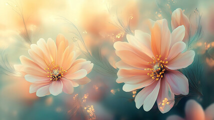 Softly glowing pink and white flowers.
Ethereal blooms with sparkling centers.