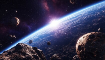 This stunning 3D 4K image depicts a breathtaking cosmic scene with Earth in the foreground. Numerous asteroids float in the dark void of space, illuminated by a distant sun.