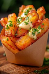Golden crispy crinkle-cut fries served with creamy mayo on a rustic wooden table